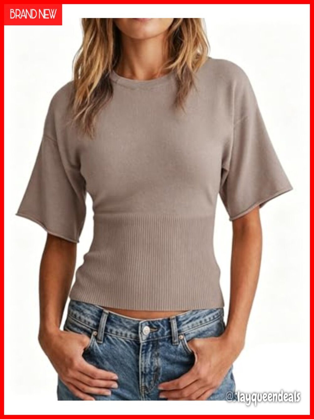 Womens Ribbed Knit Short Sleeve Sweater Pullover Fitted Crew Neck
